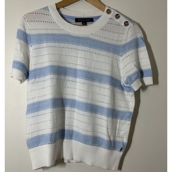 Tommy Hilfiger 100% Cotton Blue and White Striped Crewneck Short Sleeve Sweater - Picture 1 of 4